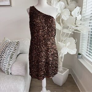 Scala One-Shoulder Sequin Mini Dress in Brown